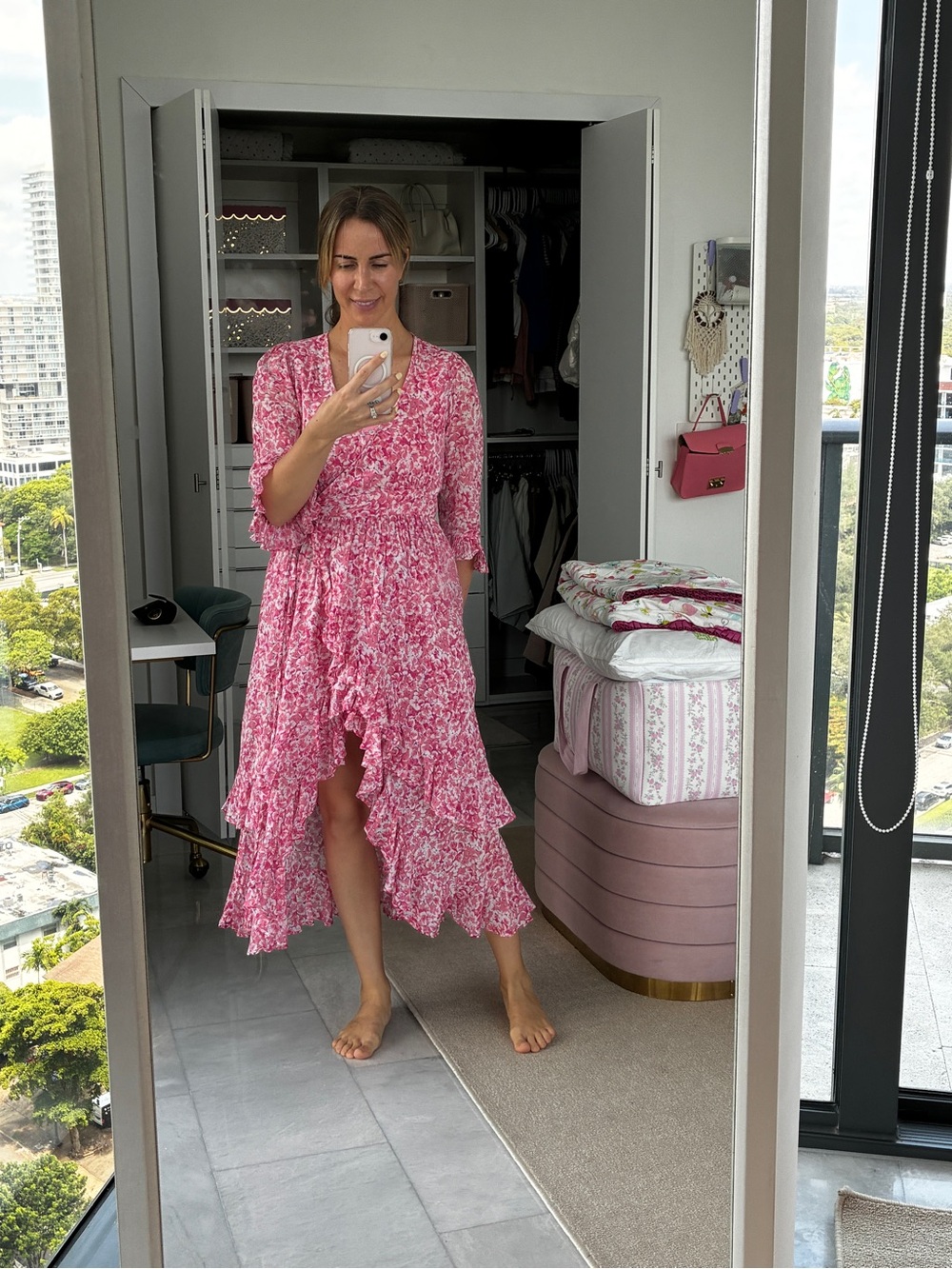 Banjanan Pink Floral Ruffle Wrap Dress with V-Neck